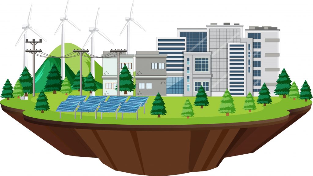 Scene with buildings with turbines and solar cells illustration