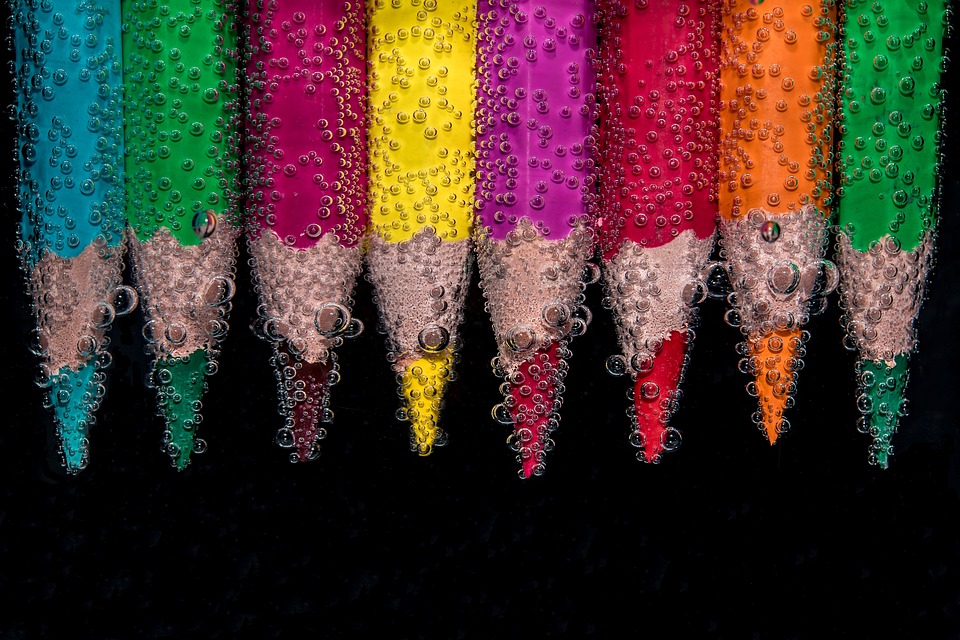 Colorful, Pencils, Submerged, Underwater, Air Bubbles