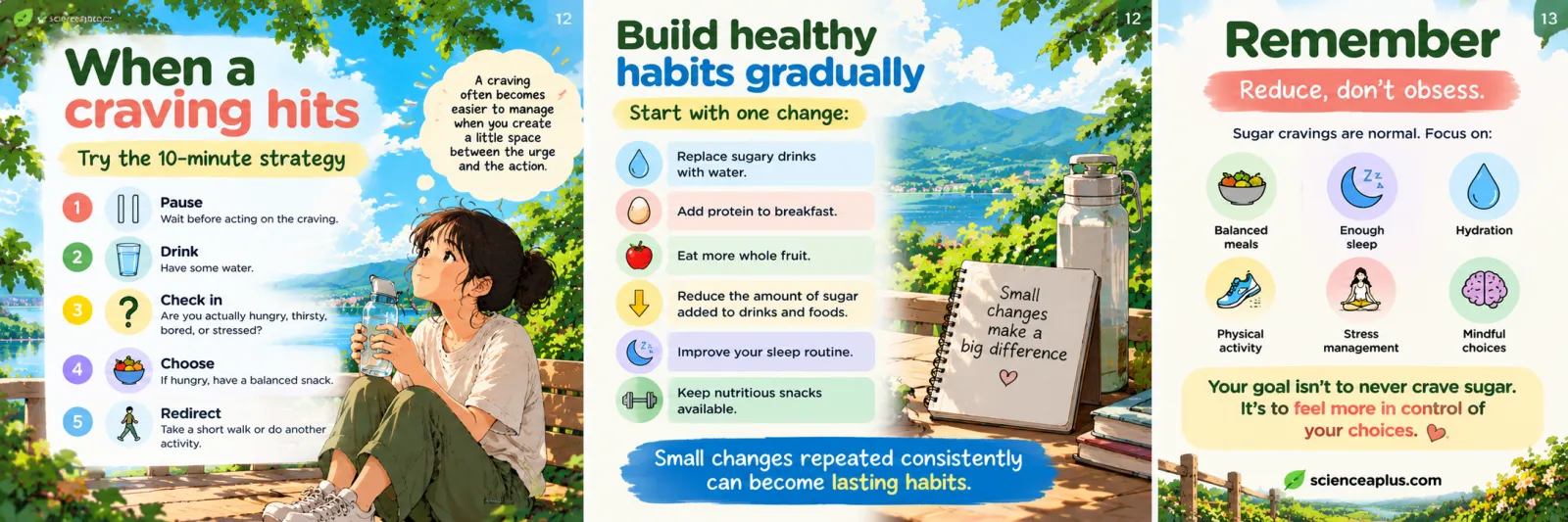 When a craving hits, try the 10-minute strategy: pause, drink some water, check in, choose a balanced snack if hungry, redirect; build healthy habits gradually; reduce, don’t obsess
