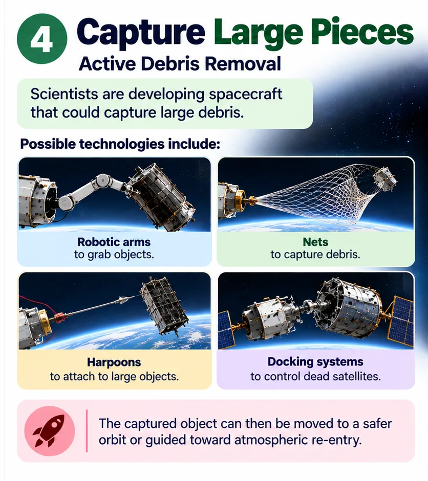 Active debris removal: robotic arms, nets, harpoons and docking systems to capture large pieces of space junk and move them to safer orbits or re-entry