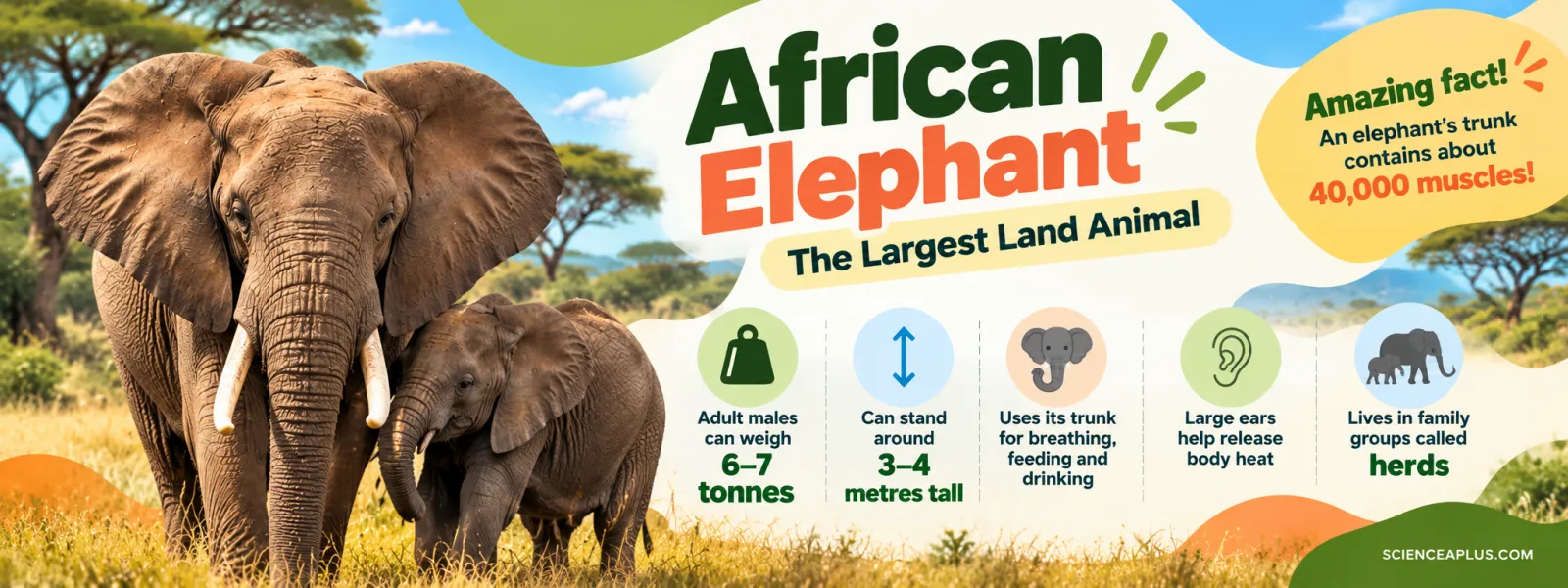 African elephant, the largest land animal: adult males weigh about 6–7 tonnes and stand around 3–4 m tall; uses its trunk for breathing, feeding and drinking; large ears release heat; lives in herds