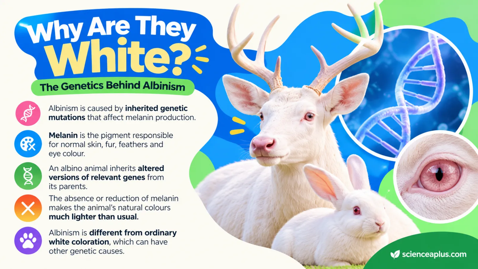 Infographic: why are albino animals white? Albinism is caused by inherited genetic mutations that affect melanin production; melanin colours skin, fur, feathers and eyes; albino animals inherit altered genes from both parents