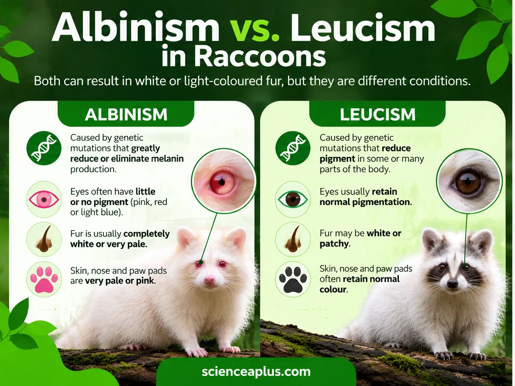 Comparison infographic of albinism and leucism in raccoons: albino raccoons have little or no pigment, pink or red eyes and pale skin, while leucistic raccoons keep normal eye colour and may have white or patchy fur