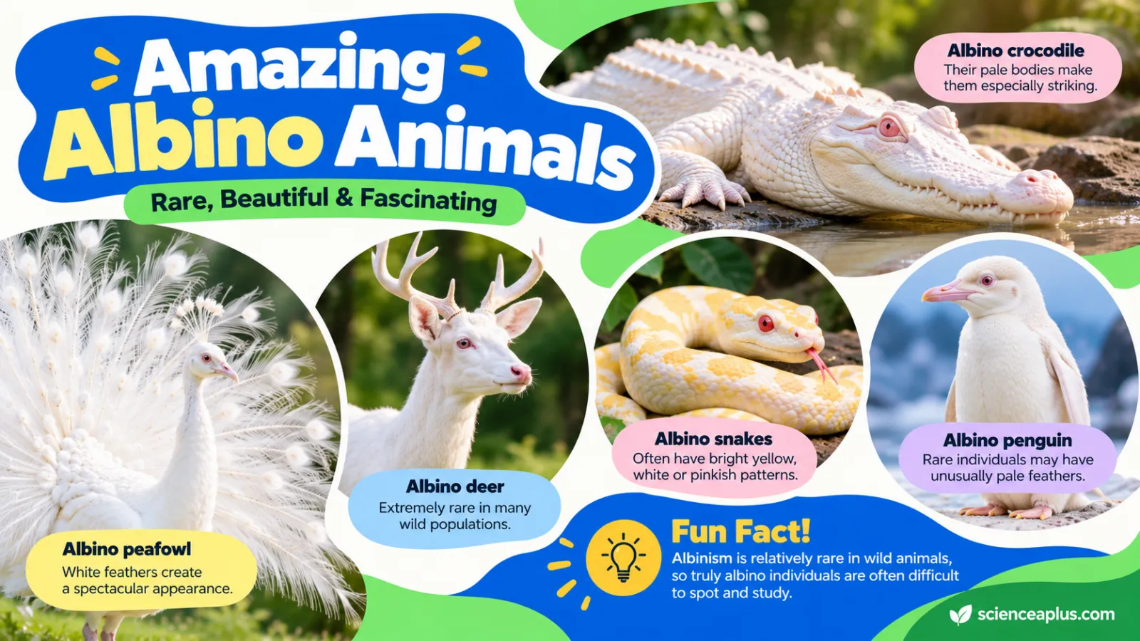 Illustration: amazing albino animals – a crocodilian, peafowl, deer, snakes and a penguin