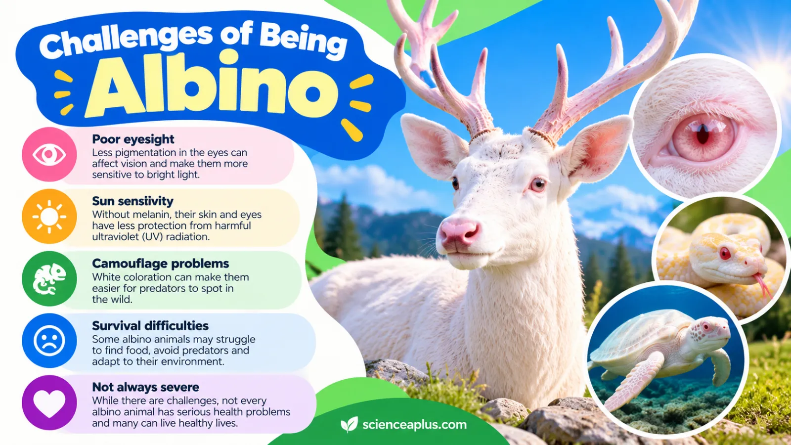 Infographic: challenges of being albino – poor eyesight, sun sensitivity, camouflage problems, survival difficulties, and not always severe