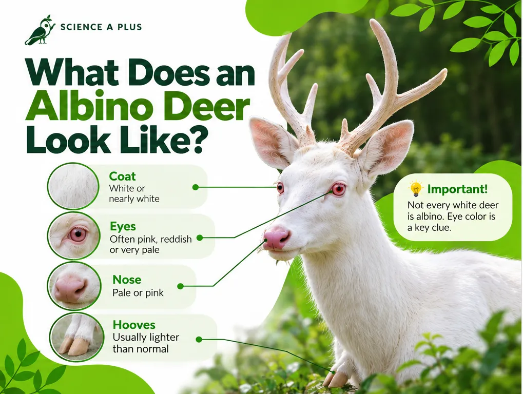 Infographic of an albino deer showing a white coat, pink or reddish eyes, a pale pink nose and light hooves, with a note that not every white deer is albino