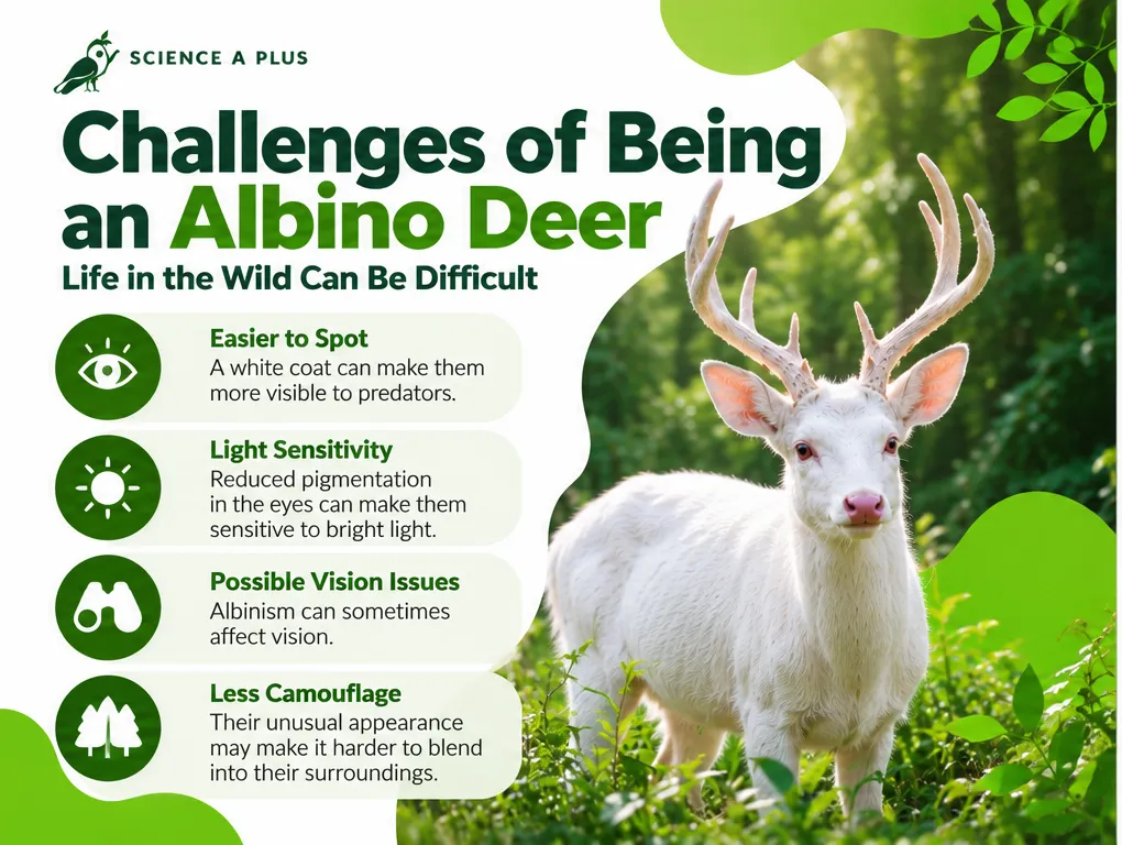 Infographic: challenges of being an albino deer, including being easier to spot, light sensitivity, possible vision issues and less camouflage