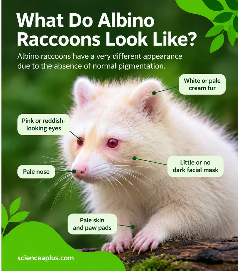 Labelled picture of an albino raccoon showing white or cream fur, pink or reddish eyes, a pale nose, little or no dark facial mask and pale skin and paw pads