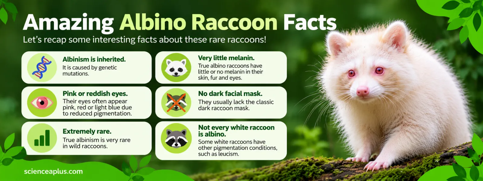 Recap infographic of amazing albino raccoon facts: albinism is inherited, eyes look pink or red, extremely rare, very little melanin, no dark facial mask, and not every white raccoon is albino
