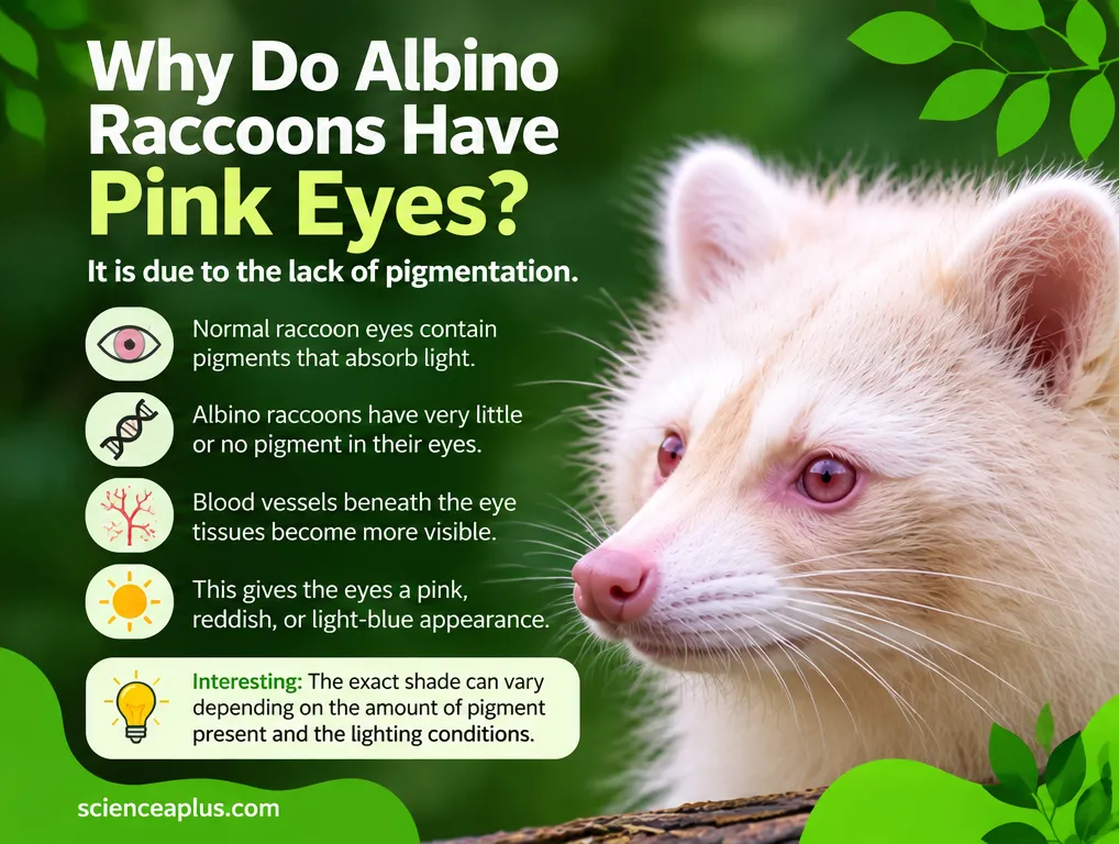 Infographic: why albino raccoons have pink eyes. Little or no iris pigment means blood vessels beneath the eye tissue show through, giving a pink, reddish or light-blue look