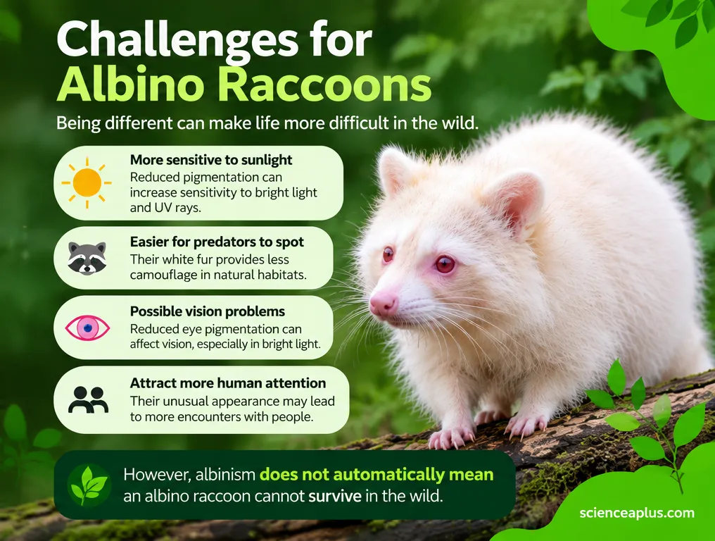 Infographic of challenges for albino raccoons: more sensitive to sunlight, easier for predators to spot, possible vision problems and more human attention, but albinism does not automatically mean they cannot survive