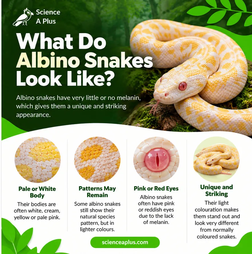 Infographic: what albino snakes look like, with pale or white bodies, patterns that may remain, pink or red eyes and a striking appearance