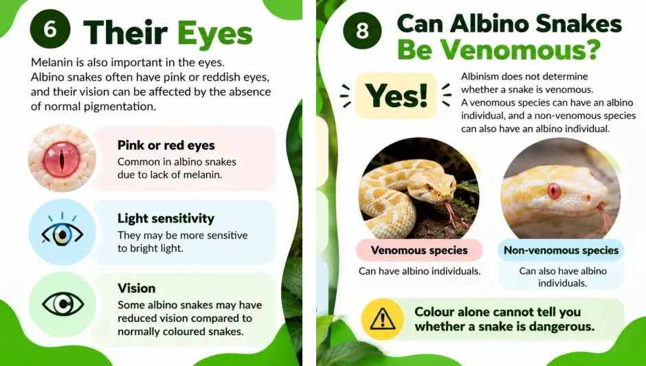 Infographic: albino snake eyes are often pink or red and may be light sensitive; albino snakes can be venomous, and colour alone cannot tell you whether a snake is dangerous