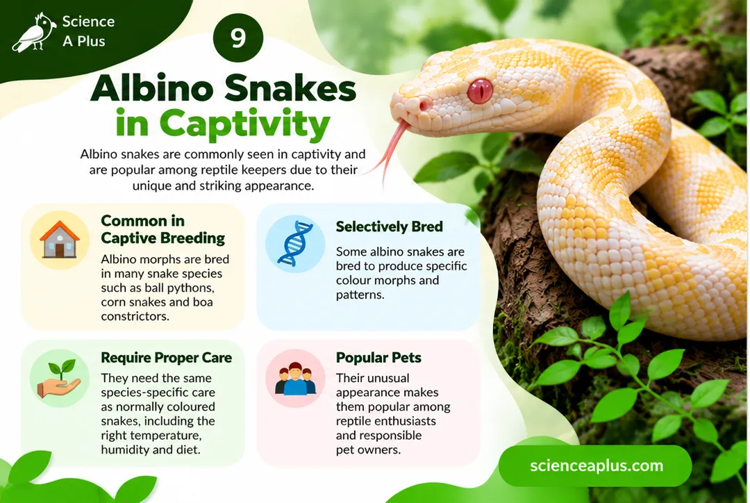 Infographic: albino snakes in captivity are common in captive breeding, selectively bred, need proper care and are popular pets
