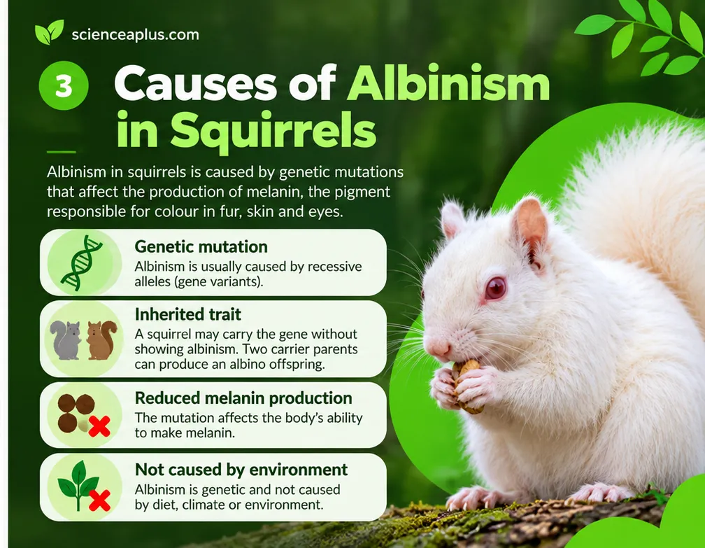 Infographic: causes of albinism in squirrels, a recessive gene mutation, inherited from carrier parents, reduced melanin, not caused by environment