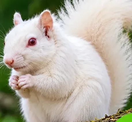 Illustration of an albino squirrel with pure white fur, pink eyes, a pale nose and pale paw pads sitting on a mossy branch