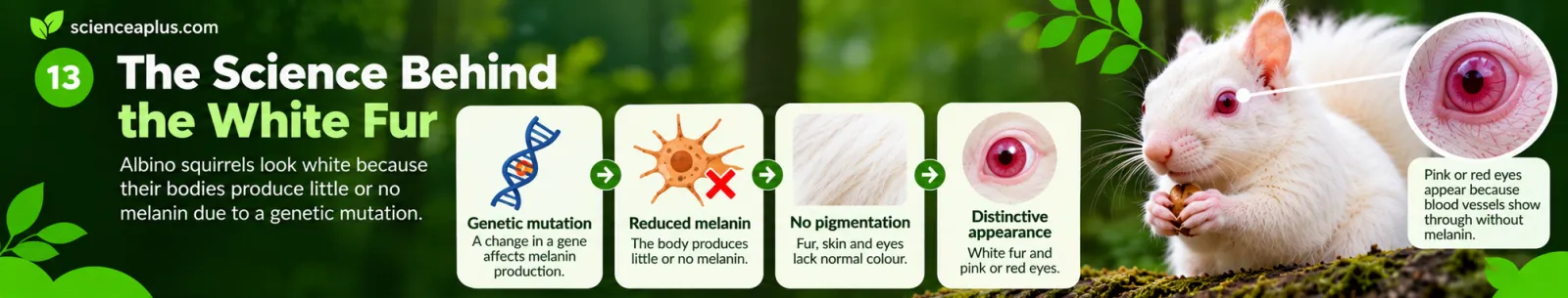 Infographic: a gene mutation reduces melanin, so fur, skin and eyes lack colour and the squirrel has white fur and pink or red eyes