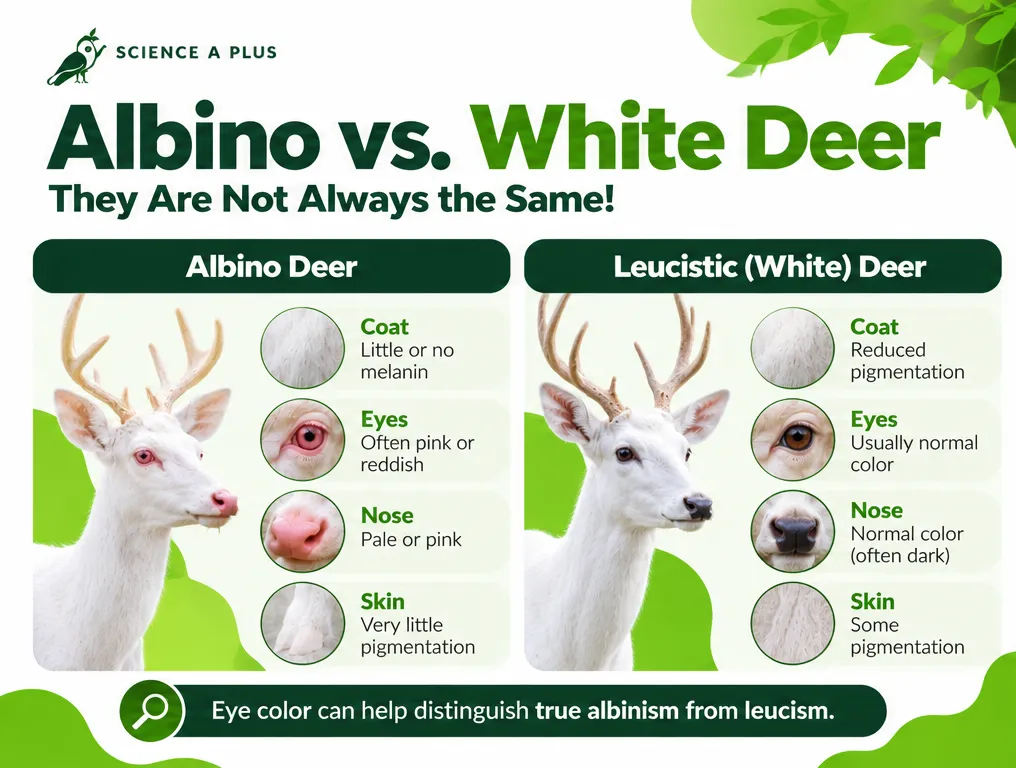 Infographic comparing an albino deer with pink or reddish eyes and a pale nose to a leucistic white deer with usually normal coloured eyes and a dark nose