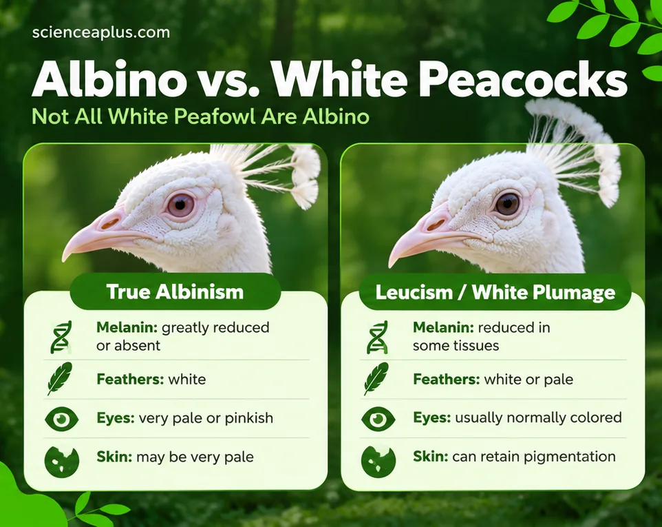 Comparison card of true albinism and leucism or white plumage in peafowl, listing melanin, feathers, eyes and skin