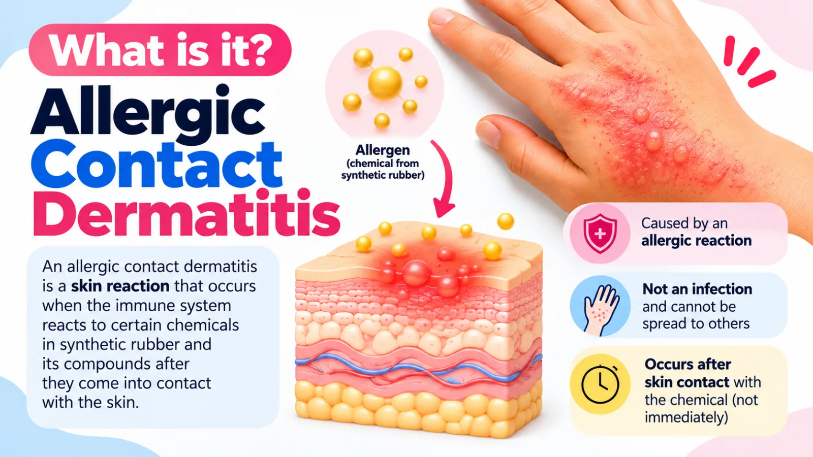 How allergic contact dermatitis happens: an allergen from synthetic rubber passes into the skin, causing an allergic reaction that is not an infection and appears after contact