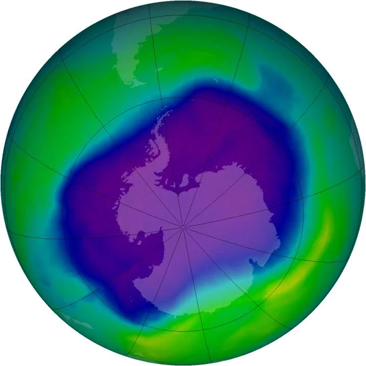 Satellite map of the record Antarctic ozone hole on 24 September 2006 shown in purple and blue