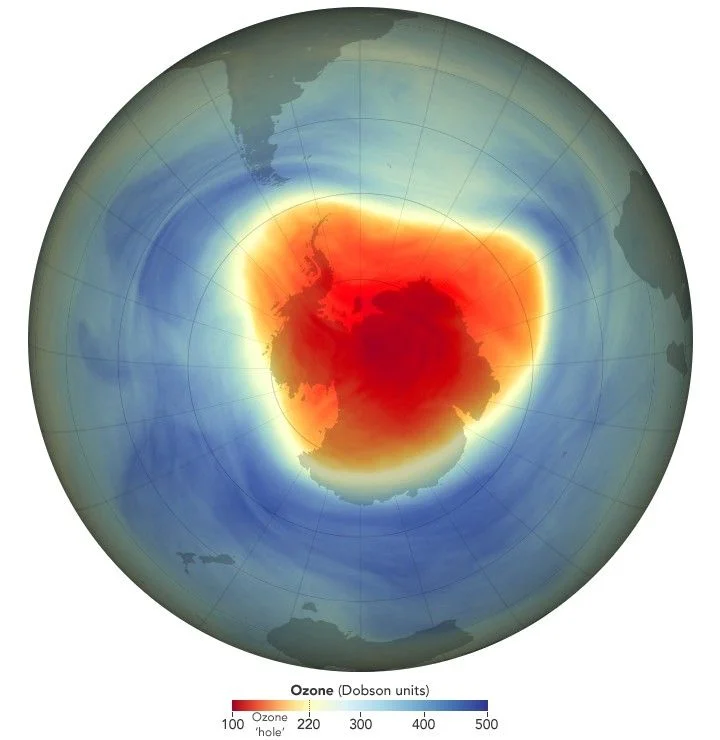 Satellite map of the Antarctic ozone hole on 28 September 2024 with low ozone shown in red