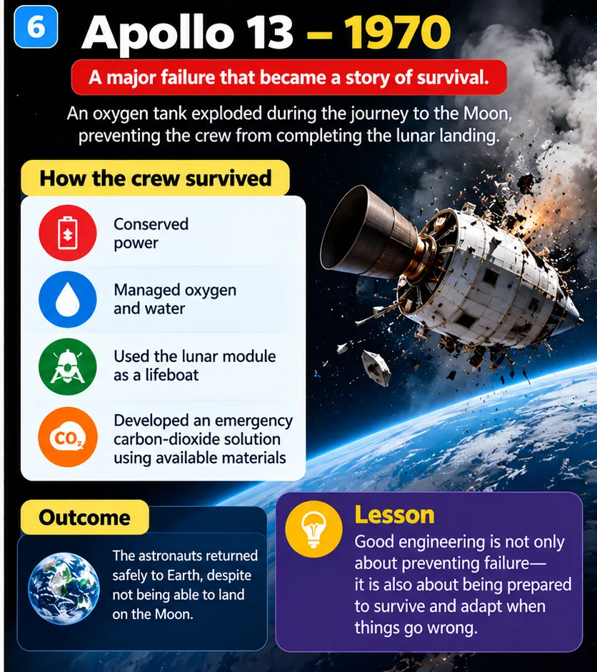 Apollo 13 in 1970: an oxygen tank exploded and the crew survived by using the lunar module as a lifeboat and building a carbon dioxide scrubber fix