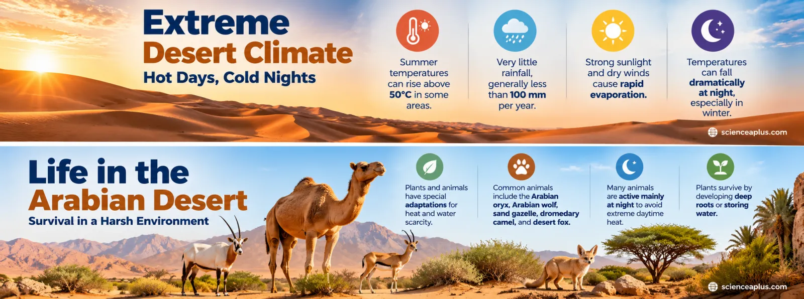 Arabian Desert climate and life: summer temperatures can rise above 50 °C in some areas, rainfall generally less than 100 mm a year, strong sun and dry winds cause rapid evaporation, temperatures fall at night; animals include the Arabian oryx, Arabian wolf, sand gazelle, dromedary camel and desert foxes