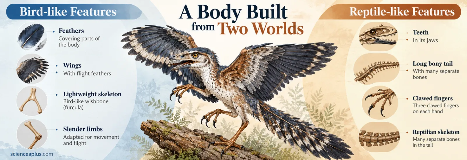 Infographic: bird-like features of Archaeopteryx (feathers, wings, lightweight skeleton, wishbone) on the left and reptile-like features (teeth, long bony tail, clawed fingers, reptilian skeleton) on the right, around an illustration of the animal