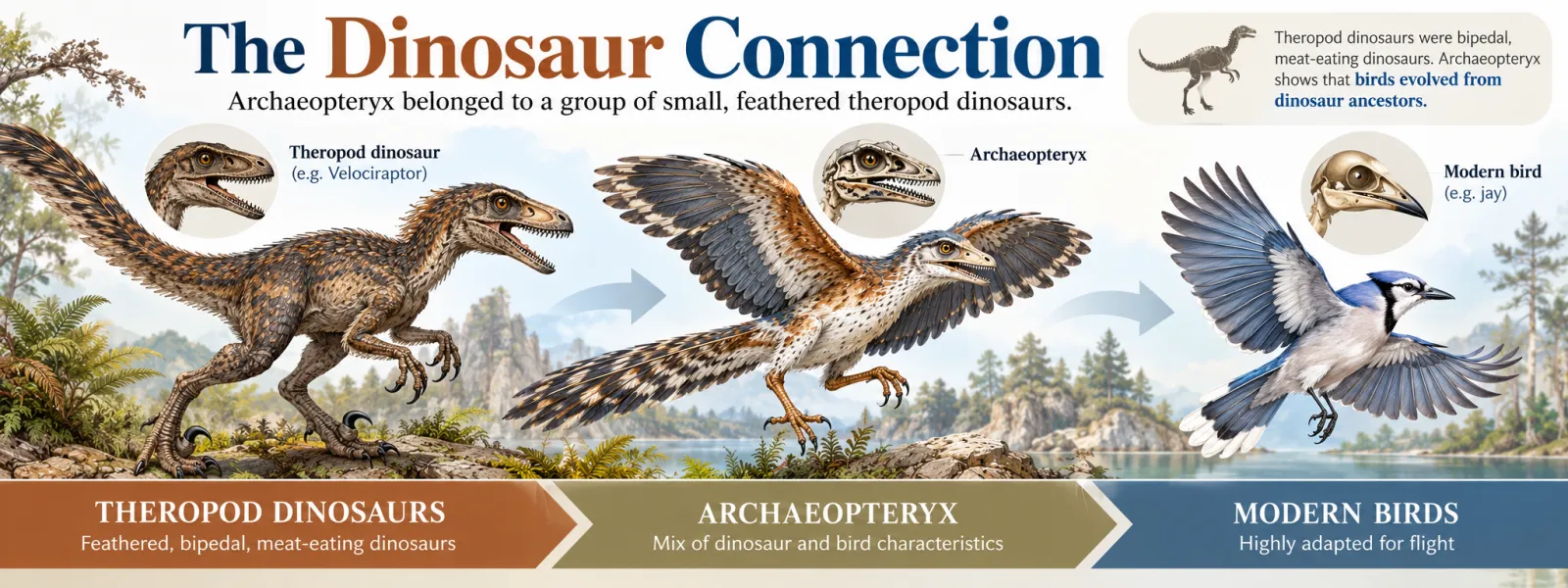 Illustration showing a theropod dinosaur such as Velociraptor, then Archaeopteryx, then a modern bird, linked by arrows