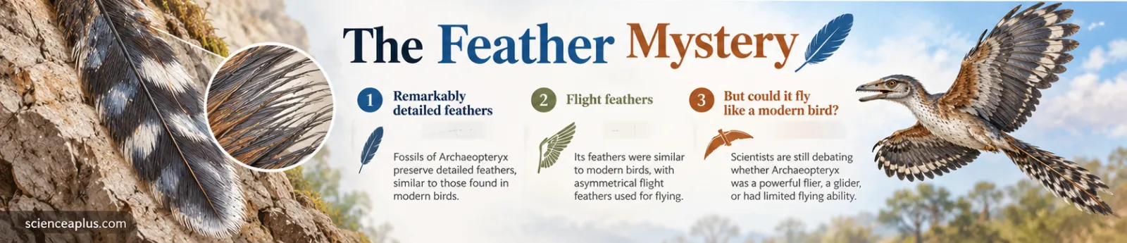 Infographic titled The Feather Mystery: remarkably detailed feathers, asymmetrical flight feathers like modern birds, and the question of whether Archaeopteryx could fly like a modern bird