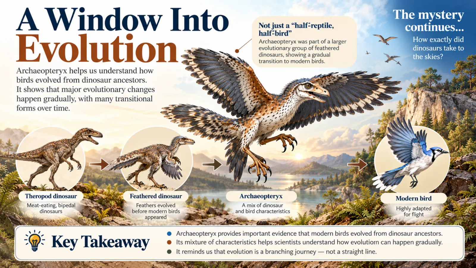 Illustration of Archaeopteryx in flight above a lake, with a theropod dinosaur, a feathered dinosaur and a modern bird shown below as stages in the evolution of birds