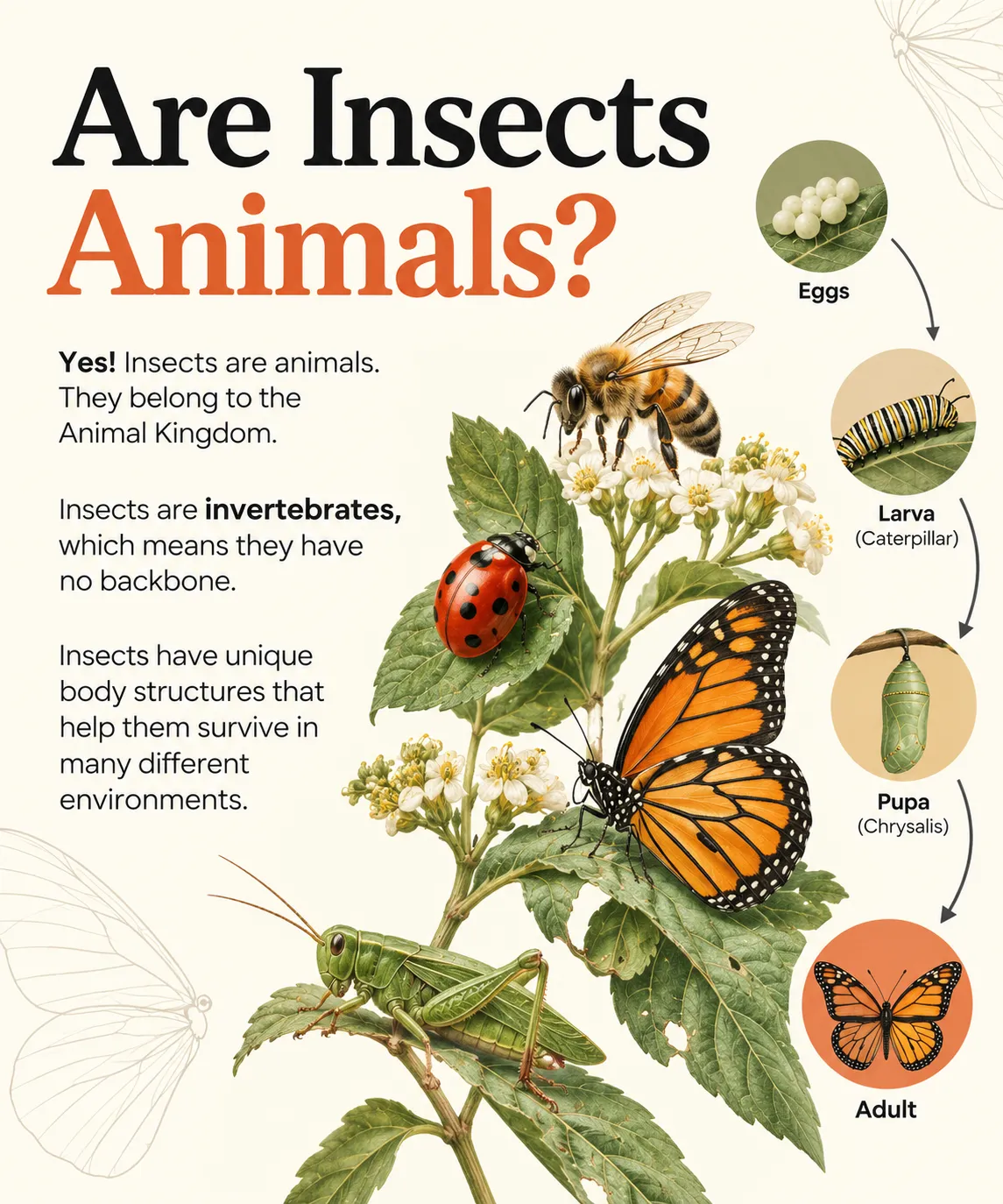 Illustrated poster answering the question Are insects animals: a bee, ladybird, monarch butterfly and grasshopper on a plant, with the four stages of a butterfly life cycle