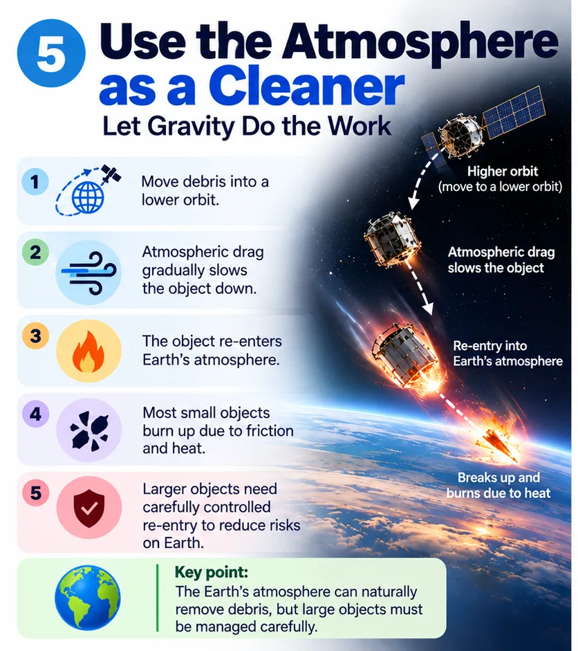 Use the atmosphere as a cleaner: debris is moved into a lower orbit, atmospheric drag slows it, it re-enters and small objects burn up while larger ones need controlled re-entry