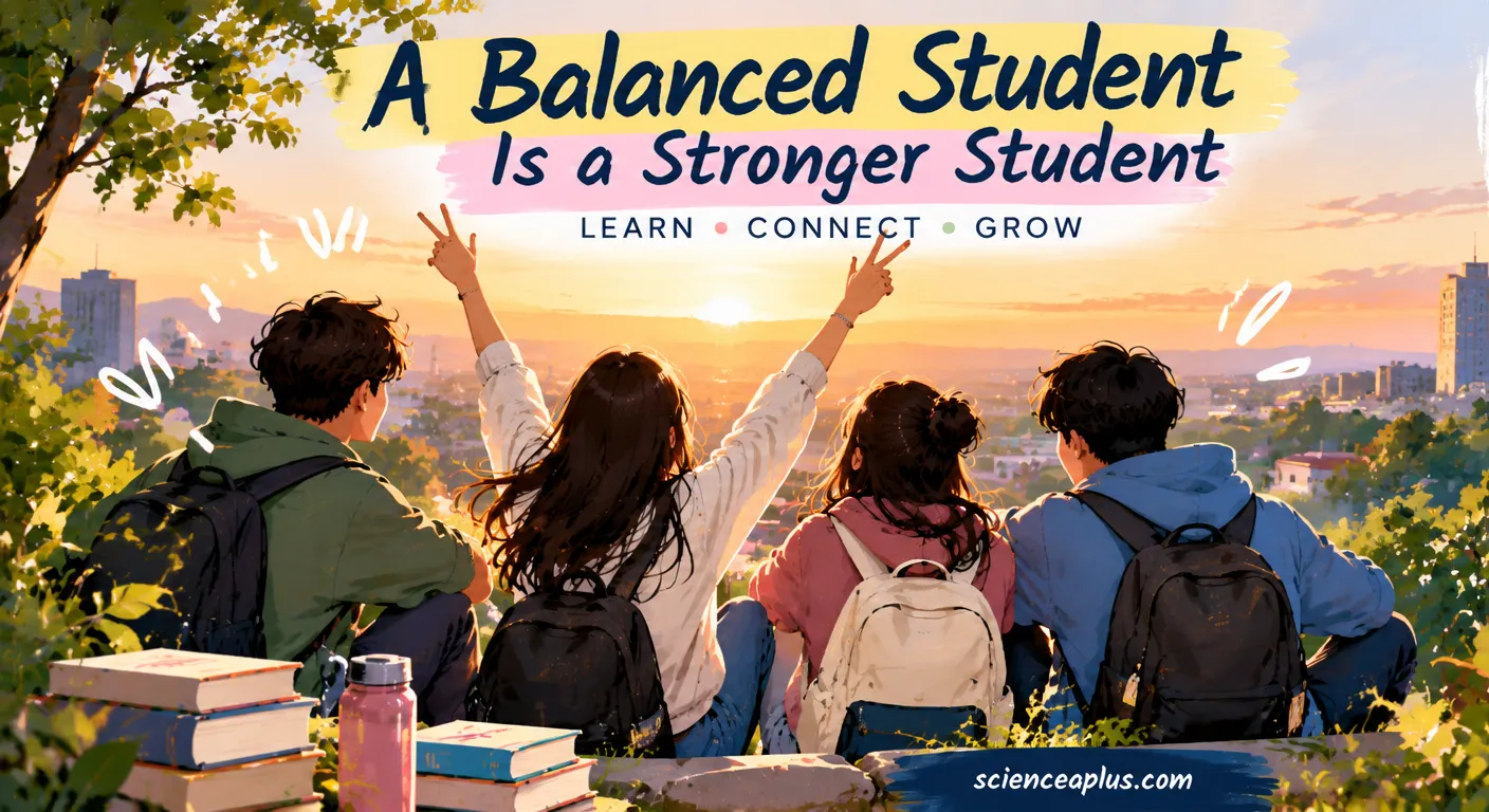Illustration of four students with backpacks watching a sunset over a city, with the words A Balanced Student Is a Stronger Student: Learn, Connect, Grow