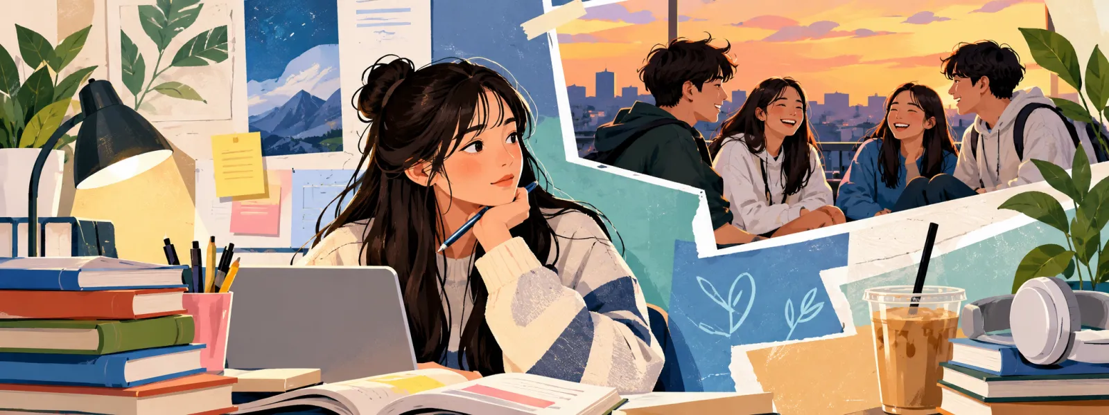 Illustrated collage of a student studying at a desk beside a picture of friends laughing at sunset