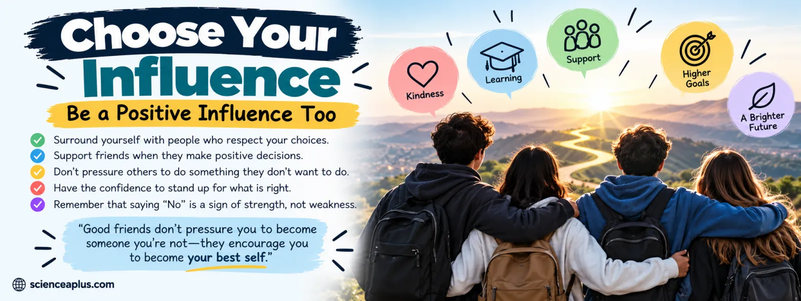 Graphic: Choose Your Influence. Be a positive influence too: surround yourself with people who respect your choices, support friends who make positive decisions, do not pressure others, stand up for what is right, and remember that saying no is a sign of strength