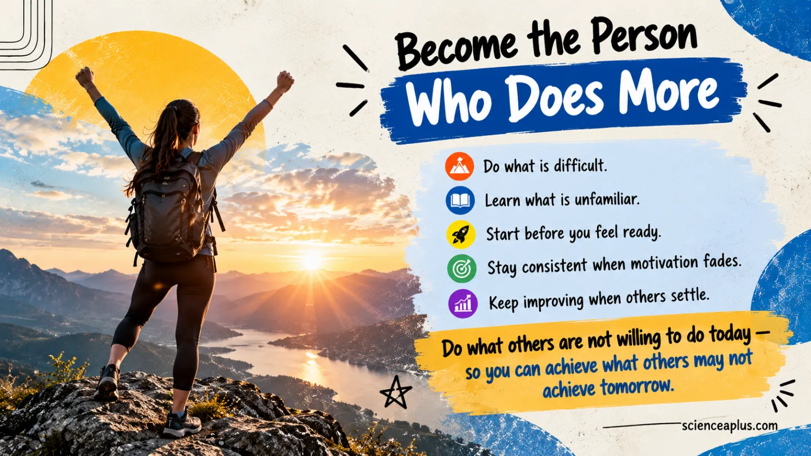 Infographic with a hiker on a mountain summit and five reminders: do what is difficult, learn what is unfamiliar, start before you feel ready, stay consistent when motivation fades, keep improving when others settle