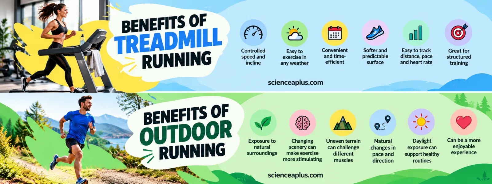 Benefits of treadmill running (controlled speed and incline, any weather, convenient, predictable surface, easy tracking, structured training) and benefits of outdoor running (nature, changing scenery, uneven terrain, natural pace changes, daylight, enjoyment)