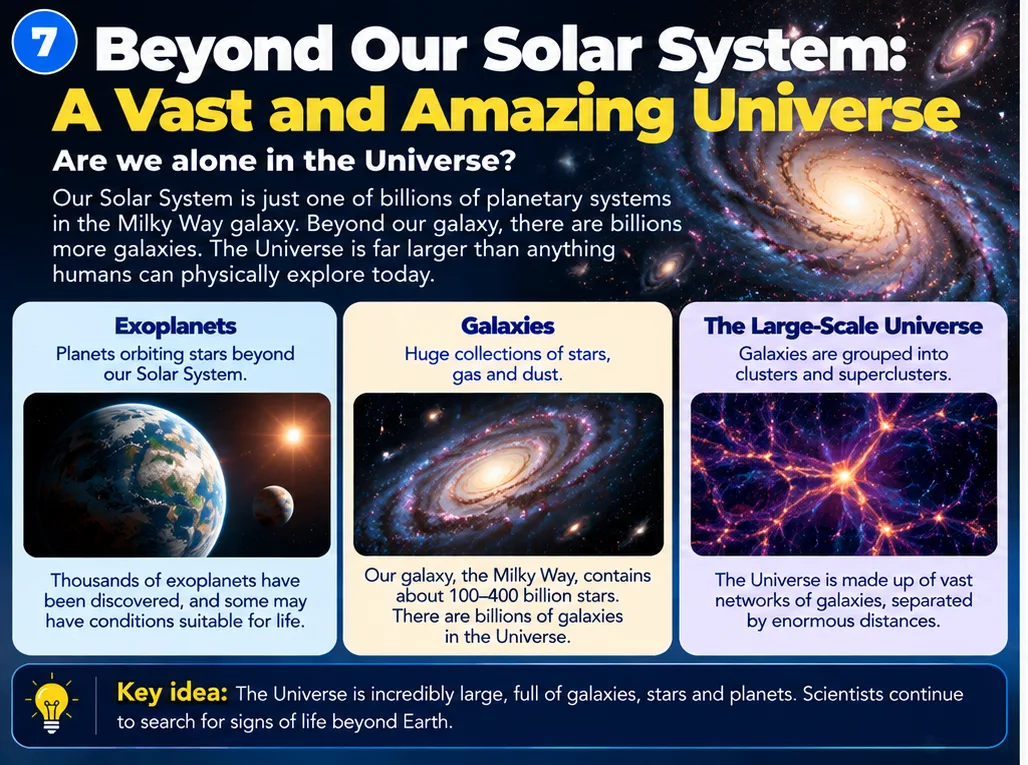 Beyond our solar system: exoplanets, the Milky Way galaxy and the large-scale universe of galaxy clusters