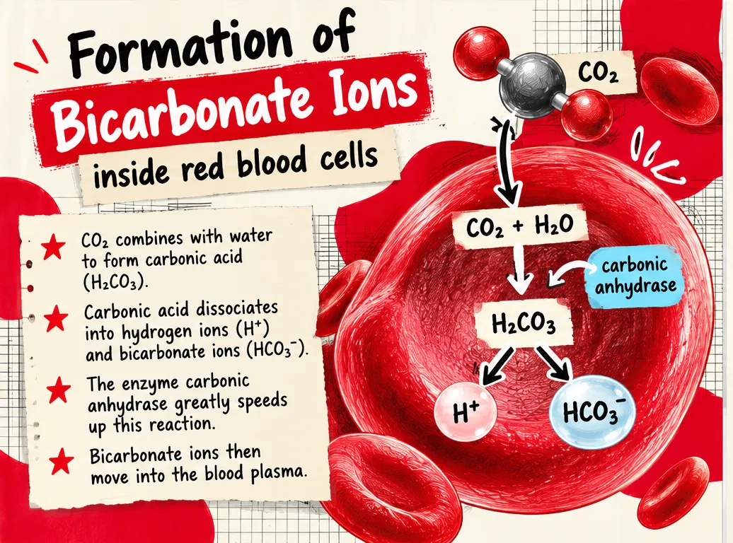 Diagram of bicarbonate formation inside a red blood cell: CO2 plus water forms carbonic acid with carbonic anhydrase, then splits into hydrogen ions and bicarbonate ions
