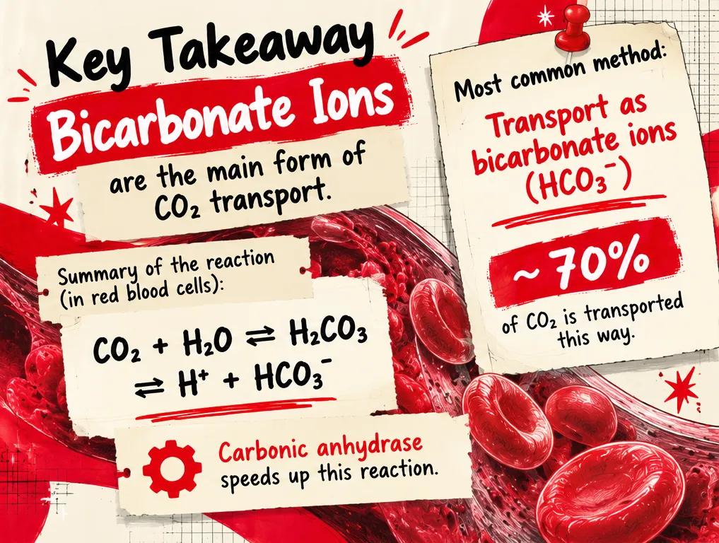 Key takeaway infographic: bicarbonate ions are the main form of CO2 transport, about 70%, with the reaction CO2 plus water to carbonic acid to hydrogen ions plus bicarbonate