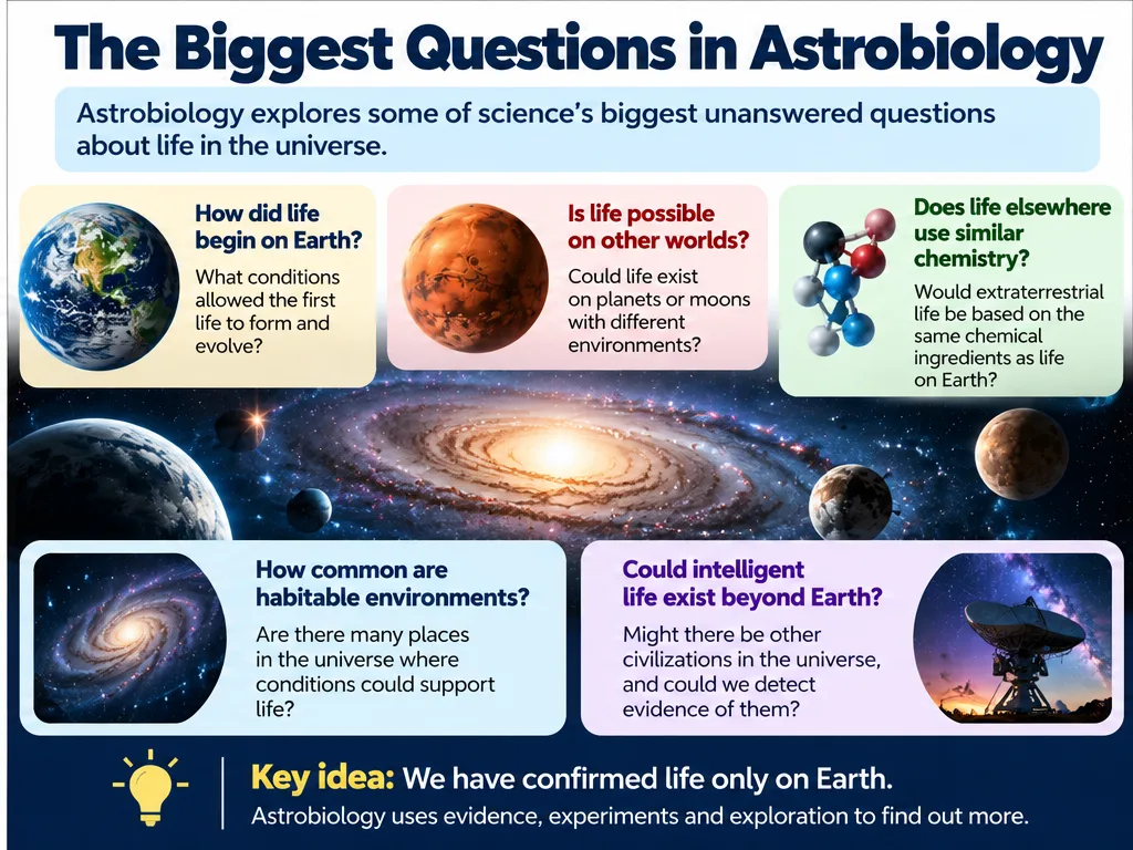 The biggest questions in astrobiology: how did life begin, is life possible on other worlds, does life elsewhere use similar chemistry, how common are habitable environments, could intelligent life exist