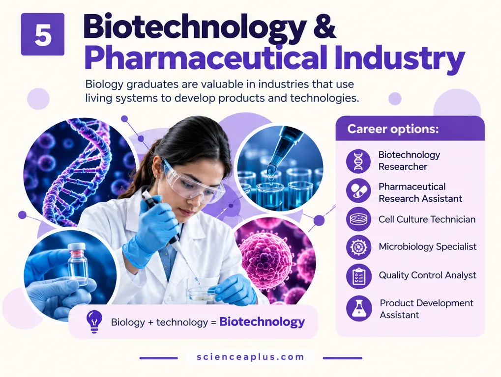 Biotechnology and pharmaceutical careers for biology graduates: biotechnology researcher, pharmaceutical research assistant, cell culture technician, microbiology specialist, quality control analyst and product development assistant