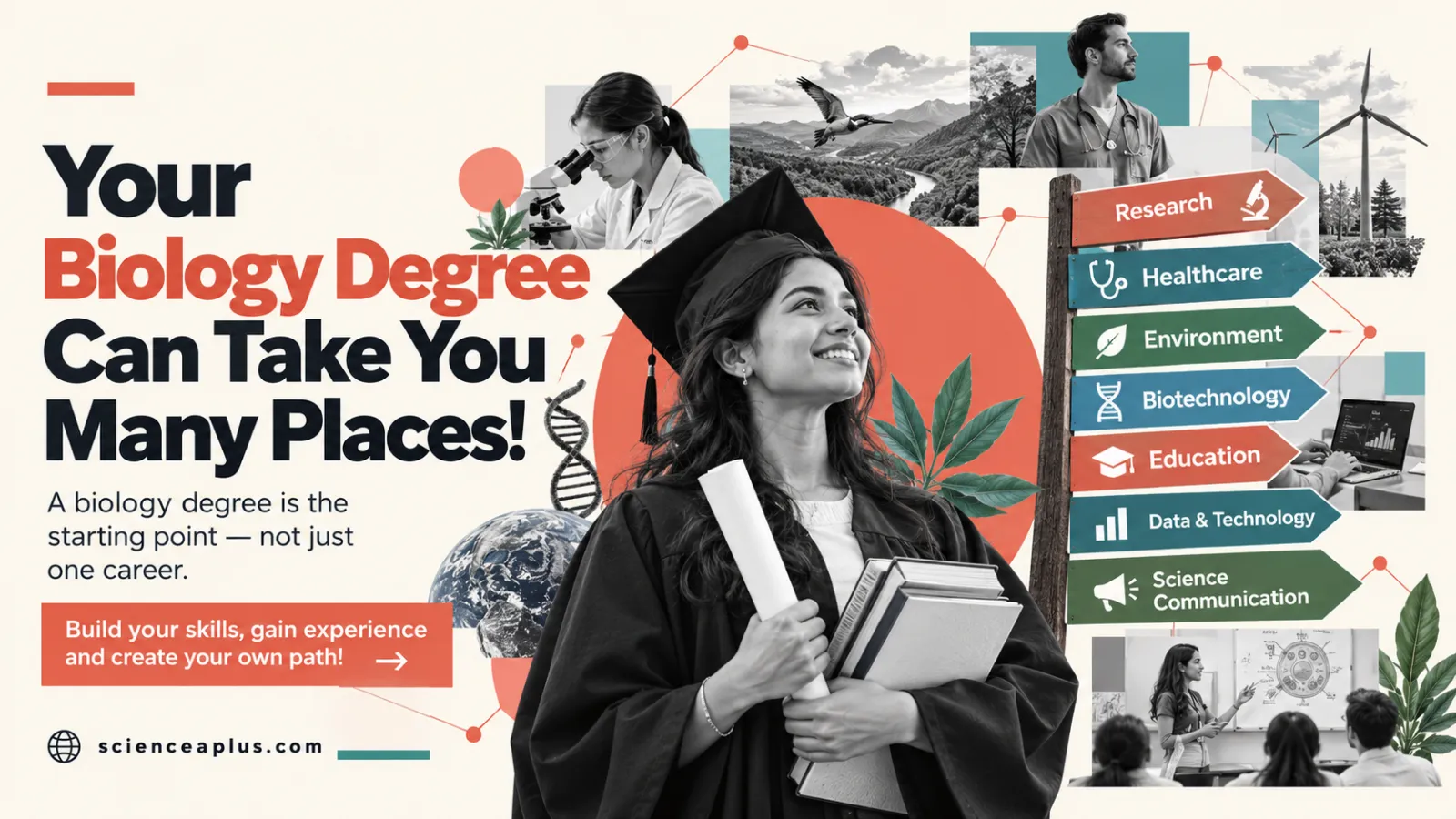 A biology graduate in a gown beside a signpost pointing to research, healthcare, environment, biotechnology, education, data and technology, and science communication careers
