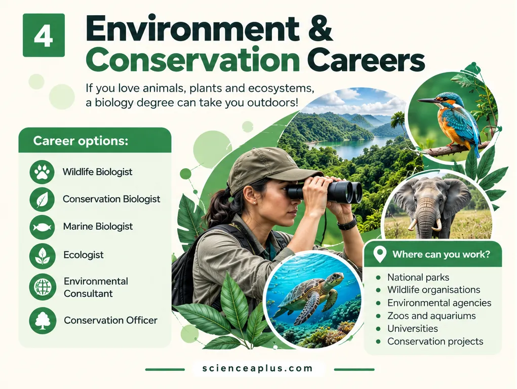 Environment and conservation careers for biology graduates: wildlife biologist, conservation biologist, marine biologist, ecologist, environmental consultant and conservation officer, working in national parks, wildlife organisations, environmental agencies, zoos, aquariums and universities