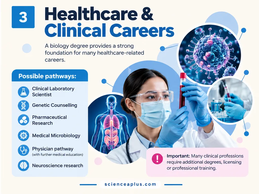 Healthcare and clinical careers for biology graduates: clinical laboratory scientist, genetic counselling, pharmaceutical research, medical microbiology, physician pathway with further medical education and neuroscience research