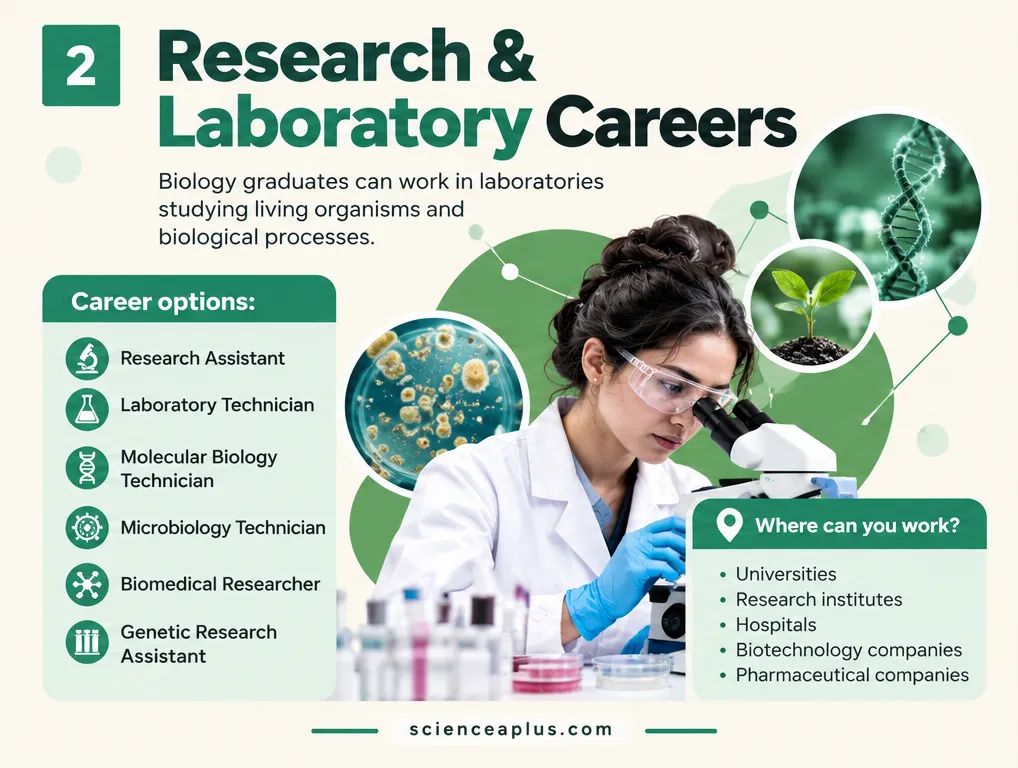Research and laboratory careers for biology graduates: research assistant, laboratory technician, molecular biology technician, microbiology technician, biomedical researcher and genetic research assistant, working in universities, research institutes, hospitals and companies