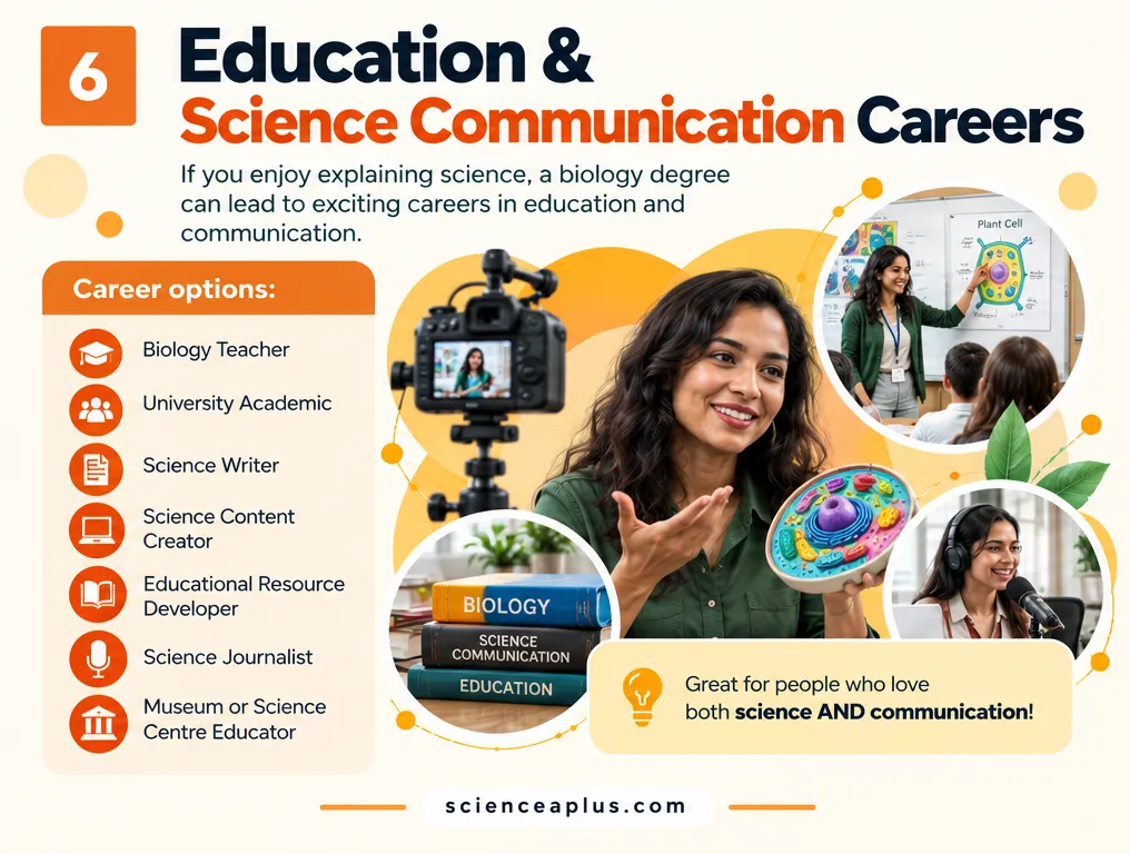 Education and science communication careers for biology graduates: biology teacher, university academic, science writer, science content creator, educational resource developer, science journalist and museum or science centre educator