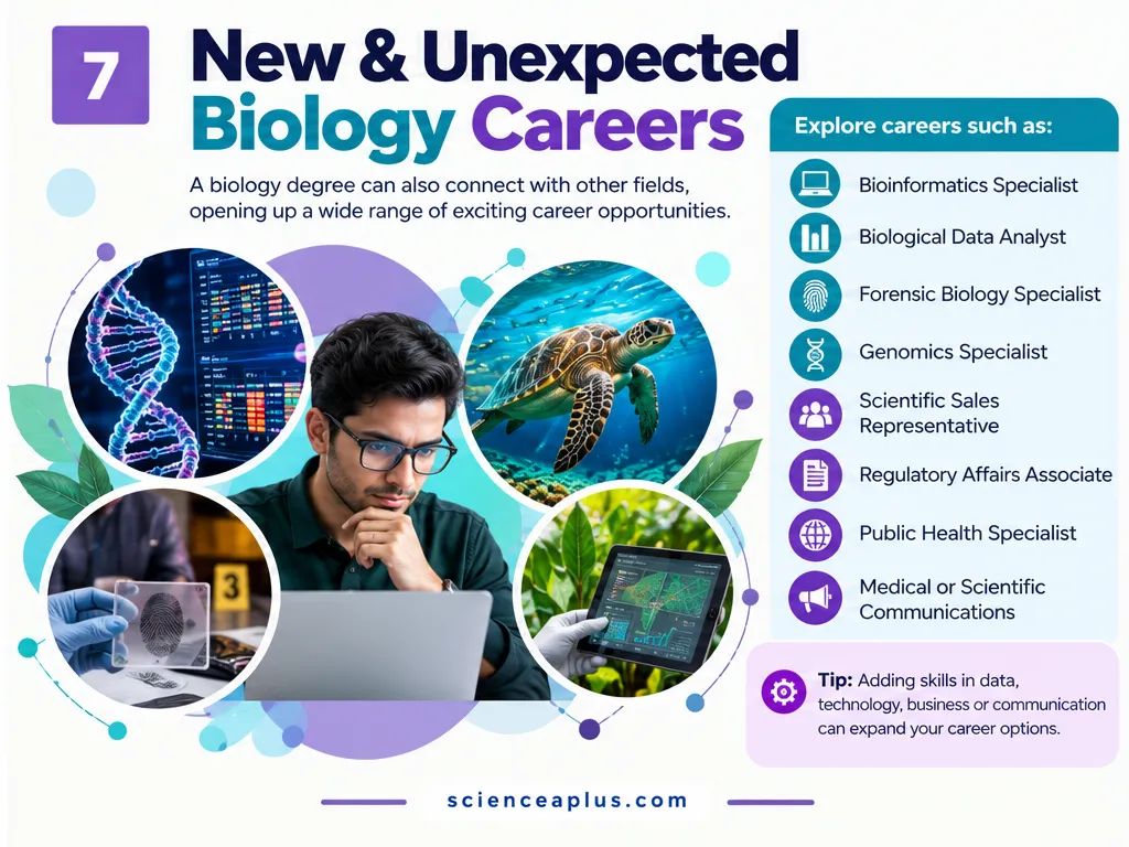 New and unexpected biology careers: bioinformatics specialist, biological data analyst, forensic biology specialist, genomics specialist, scientific sales representative, regulatory affairs associate, public health specialist and medical or scientific communications